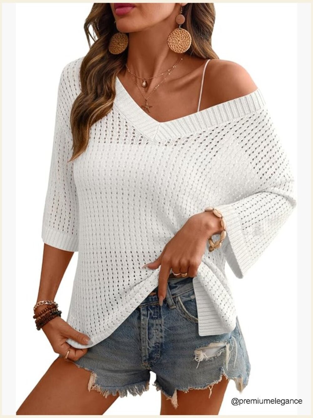 Crochet V-Neck Beach Cover Up 3/4 Sleeve Hollow Out Knitted Pullover Sweater